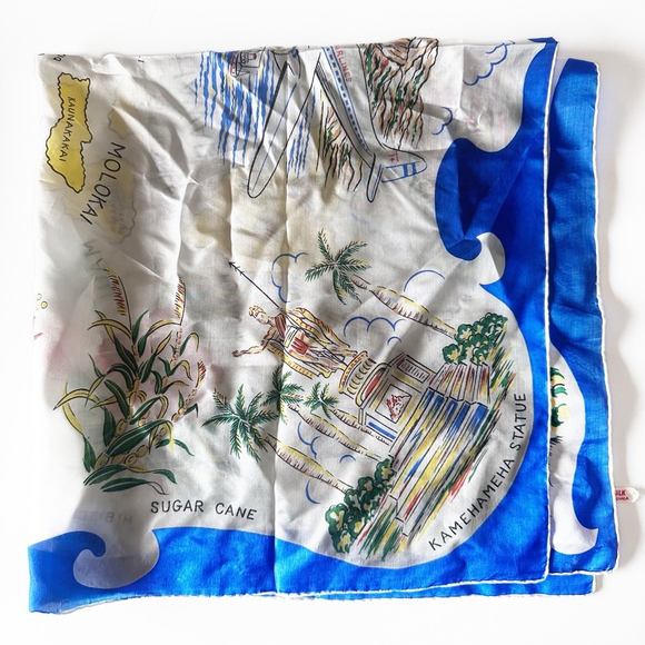 Vintage Hawaii Map Silk Scarf Blue White 50s - Picture 7 of 7